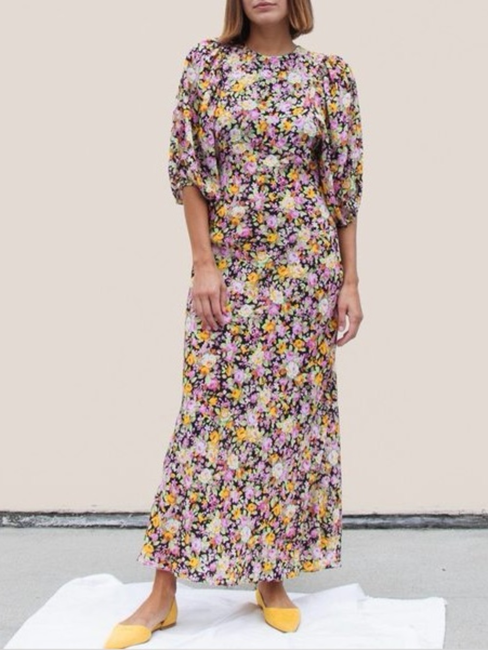 LES REVERIES 100% Silk PUFF SLEEVE BIAS DRESS - Size 4